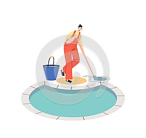 Pool maintenance and cleaning service concept with woman in uniform mopping outdoor swimming pool
