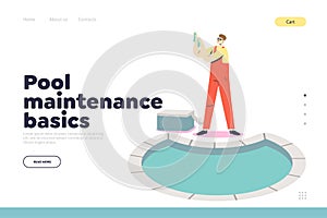 Pool maintenance and cleaning service landing page with worker taking water for chemical analysis