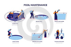 Pool maintenance set of symbols of various services vector illustration isolated.