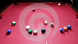 Pool match start. Rack breaking. Colorful billiard balls.