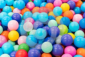 Pool of multicolored balls in close-up. Entertainment for children in the children\'s playroom