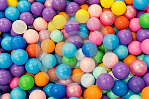 Pool of multicolored balls in close-up. Entertainment for children in the children\'s playroom