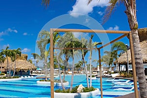 Pool near shops at cruise port Taino Bay in Puerto Plata, Dominican Republic.