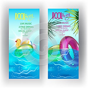 Pool party banners with inflatable toys in swiming pool water.