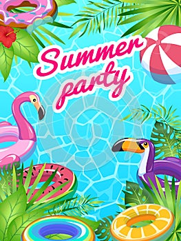 Pool party card. Swim summer inflatable toys poster fun tropical beach flyer lifesaver equipment children sea