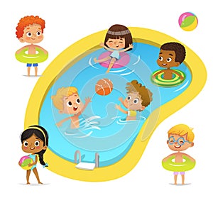Pool party characters. Multiracial boys and girls wearing swimming suits and rings have fun in pool. African-American