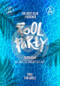 Pool Party Flyer. Template Poster Design with Water Ripple Texture, Tropical Leaves Shadow and Text. Summer Background