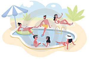 Pool party group of people dressed in swimwear swimming in pool or lying down on sunloungers and sunbathing photo