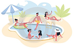 Pool party group of people dressed in swimwear swimming in pool or lying down on sunloungers and sunbathing