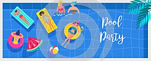 Pool party invitation, background and banner with miniature people swimming and having fun on the pool. Vector