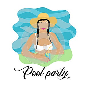 Pool party invitation baner with girl in hat in the swimming pool