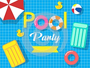 Pool party invitation card template on swimming pool background