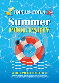 Pool party invitation poster with blue water. Vector summer back