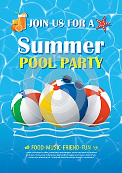 Pool party invitation poster with blue water. Vector summer back