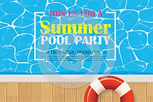 Pool party invitation poster with blue water. Vector summer back