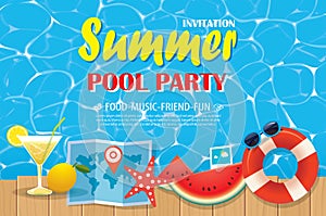 Pool party invitation poster with blue water and wooden. Vector