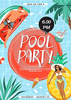 Pool party invitation poster. Couple floating on inflatable rings in swimming pool. Creative lettering and summer elements.