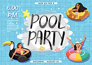 Pool party invitation. Summer vacation. Women floating and sunbathing on inflatable ring in swimming pool.