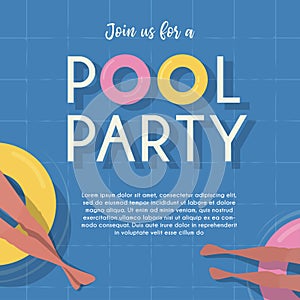 Pool party invitation template. Top view Pool background. people relaxing in the pool. Summer water activities. Vector