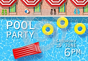 Pool party invitation with top view of pool