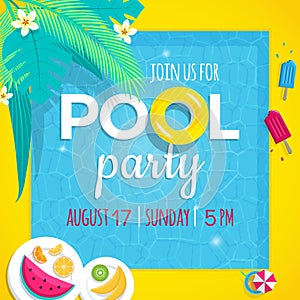 Pool party invitation vector illustration tamplate with swimming pool background
