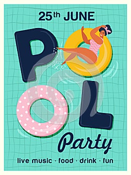 Pool party invitation vector illustration. Top view of swimming pool with pool floats