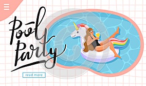 Pool party invitation. Woman sunbathing on inflatable ring.