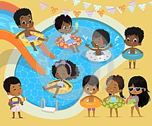 Pool party Kids. African-American children have fun in pool. Little Girl in Swimsuit Funny Summer Vacation. Boy with a