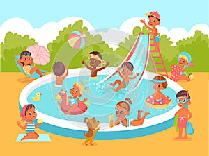 Pool party kids. Fun water game. Happy children with floating toys. Boys and girls ride swimming pond slide. Characters