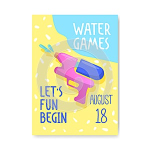 Pool Party Poster, Banner, Invitation. Summer Brochure with Toy Water Gun. Flyer Template Beach Party