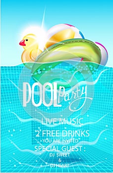 Pool party poster with inflatable balls and rubber toy in swiming pool water. photo