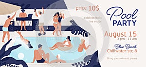 Pool party promo banner with place for text vector flat illustration. Announcement of summer entertainment event. People