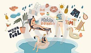 Pool Party Relax, Swim and Drink Summer Activity Concept.Young Characters in Swimming Pool Have Fun