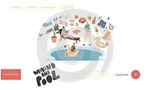 Pool Party Relax, Swim and Drink Summer Activity Landing Page Template. Characters in Swimming Pool Drinking Cocktails