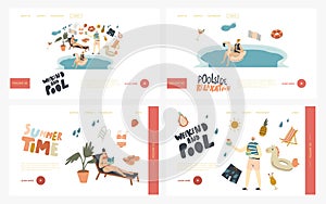 Pool Party Relax, Swim and Drink Summer Activity Landing Page Template Set. Characters in Swimming Pool