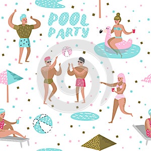 Pool Party Seamless Pattern. Characters People Swimming, Relaxing, Have Fun in the Pool. Summertime Holidays Background