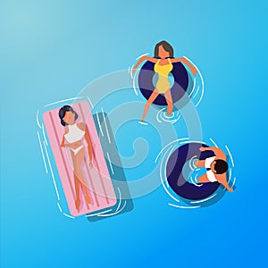 Pool people on floating tube. top view - vector