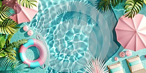 A pool with a pink and blue float and a pink and blue umbrella