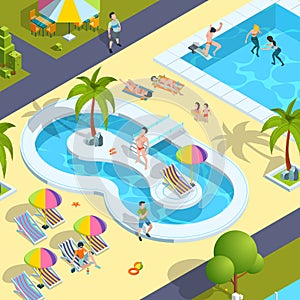 Pool relax people. Traveller in resort hotel swimming enjoying kids playing in water luxury holidays vector isometric