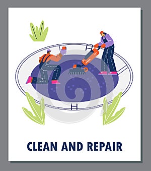 Pool repair and cleaning service banner with handymen, flat vector illustration.