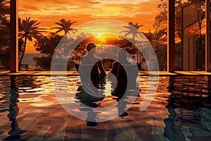 pool romantic swimming back sunset honeymoon travel vacation relax couple. Generative AI.