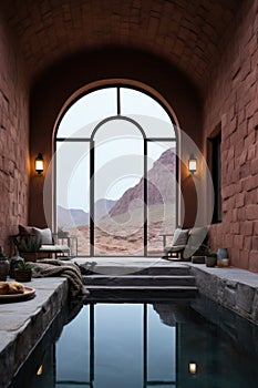 A pool in a room with a view of mountains. AI.