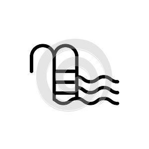 Pool sign. Linear icon of swimming ladder with handrail, steps, waves. Black simple illustration of pier, entrance and exit from