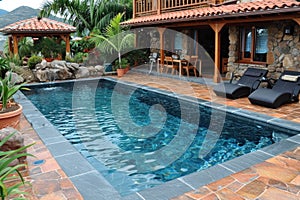 A pool with a stone wall and patio furniture in front of it, AI