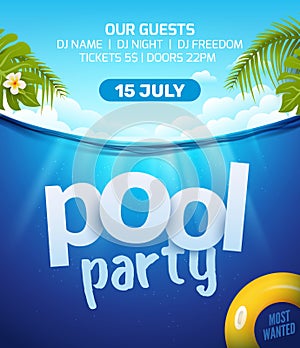 Pool summer party invitation banner flyer design. Water and palm inflatable yellow mattress. Pool party template poster