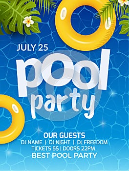 Pool summer party invitation banner flyer design. Water and palm inflatable yellow mattress. Pool party template poster