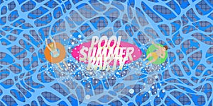 Pool summer party. People swim in blue water. Illustration background.