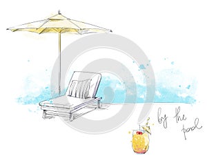 By the pool. Sunbed and unbrella with refreshing cocktail