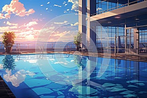 Pool sunset anime visual novel game. Generate Ai