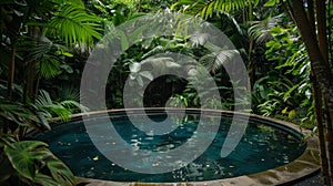The pool is surrounded by lush greenery adding to the peaceful and secluded atmosphere of the neutrino detection tank photo